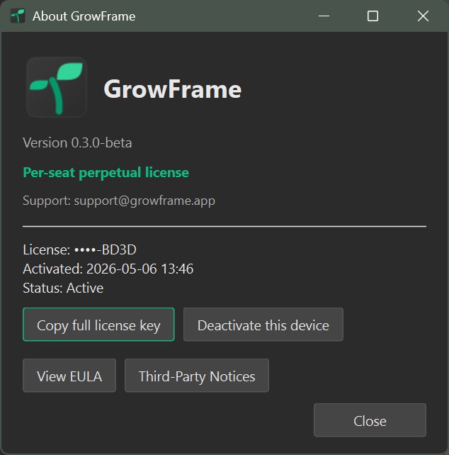 Help → About dialog showing version, licence summary, and action buttons