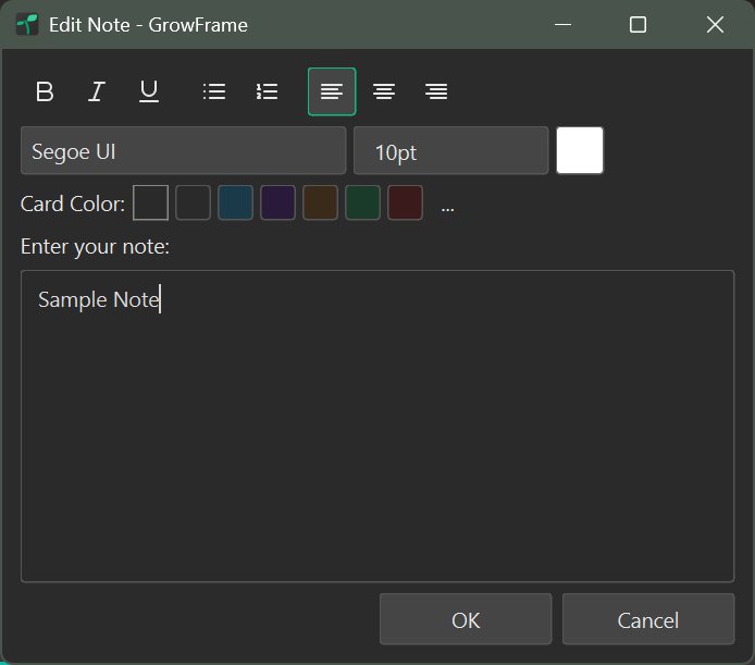 The quick note dialog showing a caption field for an entry