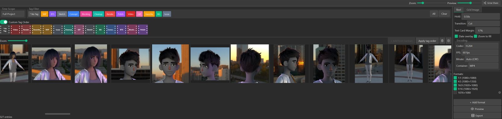 Grow Share workspace: time scope picker and tag filter on the left, export tabs on the right