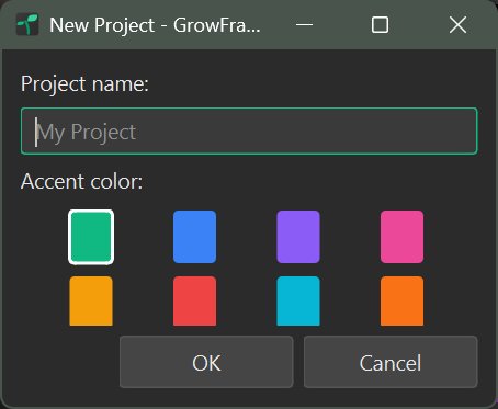 New project dialog: name field plus accent color picker