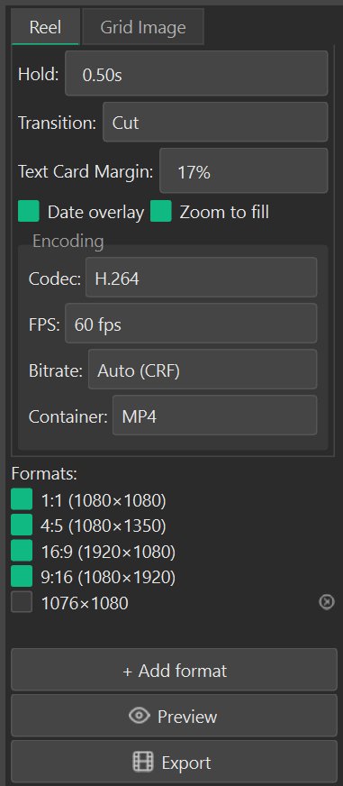 Reel export settings: FPS, hold duration, crop mode, date overlay, aspect ratios